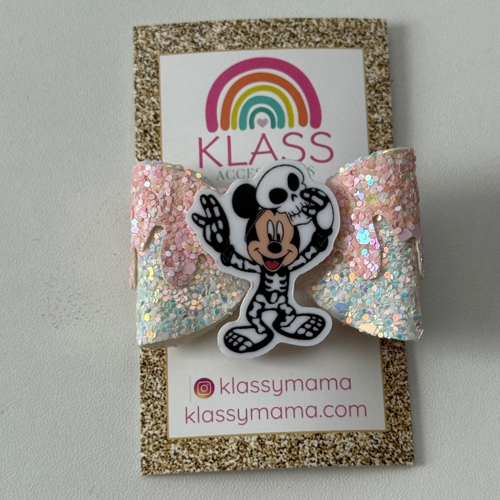 Klass Mickey Mouse Inspired Skeleton Halloween Glitter Hair Bow Clip Pink White